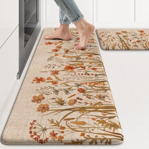 KIMODE Fall Kitchen Mats Cushioned Anti Fatigue, Orange Farmhouse Kitchen Rugs Sets of 2, Non Slip Kitchen Mats for Floor, Padded Kitchen Floor Mats for Sink Laundry Office Desk 17"x47"+17"x29" | Amazon (US)