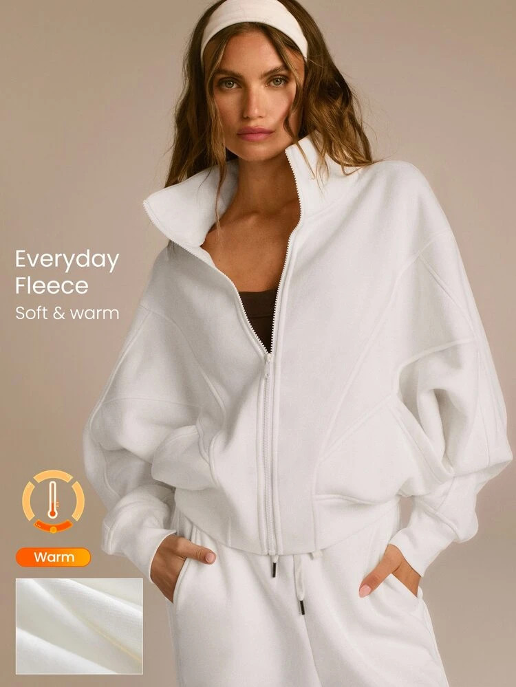 GLOWMODE Everyday Fleece Warmth Whisperer Soft Warm Lightweight Front Back Seam Detailing Pockets Batwing Sleeve High Neckline Full-Zip Jacket Casual | SHEIN