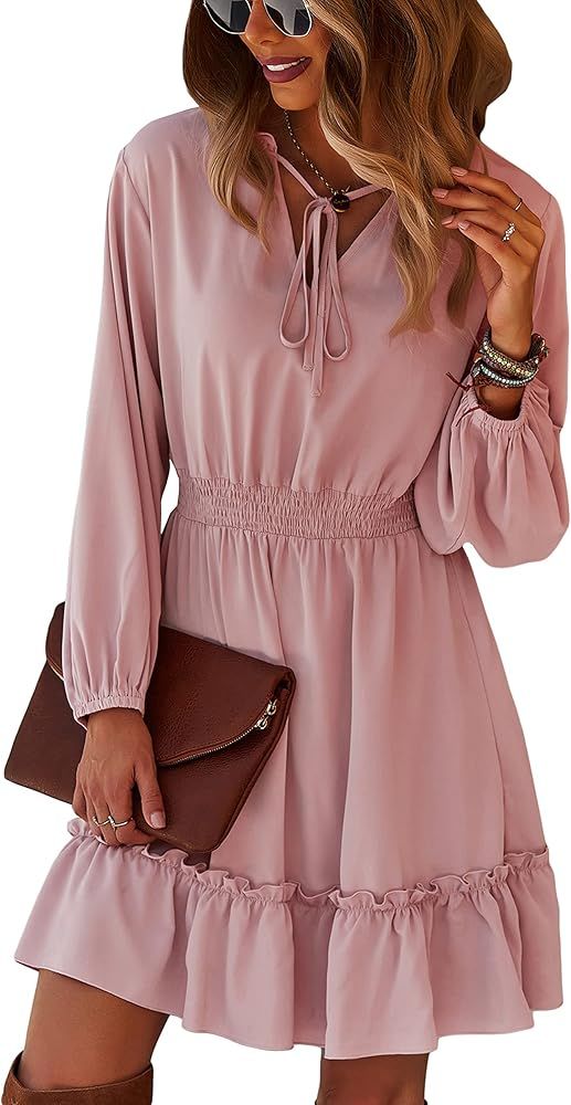 CinShein Womens Casual Dress Long Sleeve V-Neck Short Plain Dress Summer Ruffle Elastic Waist Flo... | Amazon (US)