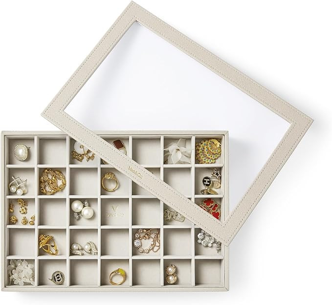 VEE&CO. Jewelry Holder Organizer Tray,35 Grid with Lid Pink,Sturdy Wooden Frame Earring Organizer... | Amazon (US)