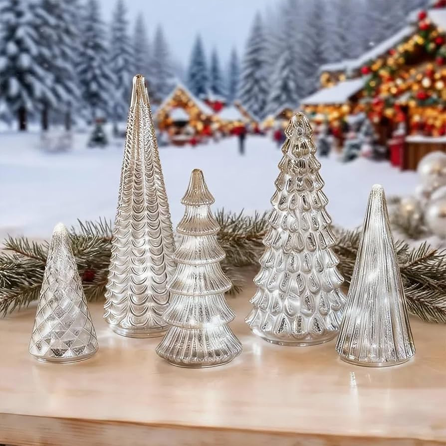 5 Pcs Mercury Glass Christmas Tree for Tabletop Light up Figurine Christmas Tree with Led Silver ... | Amazon (US)
