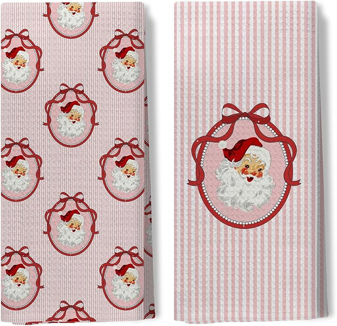 Coquette Red Bow Christmas Santa Kitchen Towels, Preppy Christmas Decor, Girly Xmas Santa Claus P... | Amazon (US)