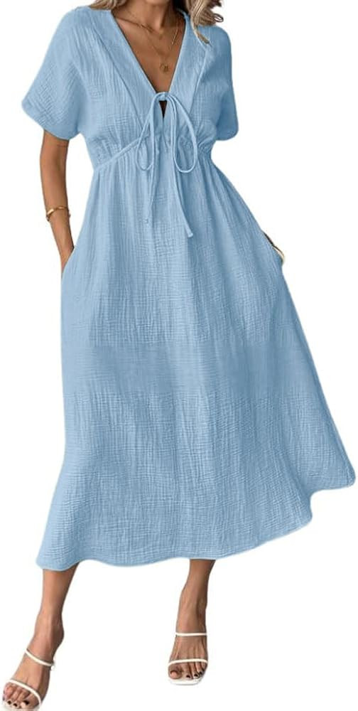 chouyatou Women's Summer Boho V-Neck Cotton Tunic Dress Casual Loose Short Sleeve Midi Long Beach... | Amazon (US)