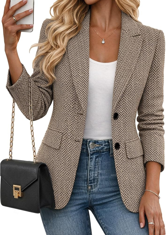 Mina Self 2026 Women's Spring Herringbone Tweed Blazer - Open Front Fully Lined Casual Work Offic... | Amazon (US)