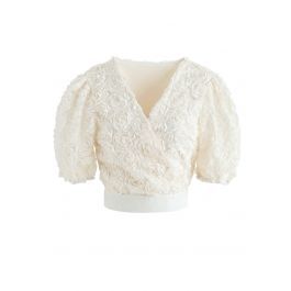 3D Roses Wrapped Crop Top in Cream | Chicwish