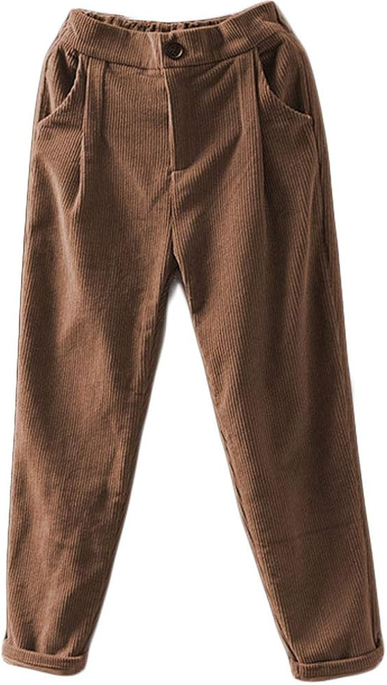 Minibee Women's Cropped Corduroy Pants Elastic Waist Retro Trouser with Pockets | Amazon (US)