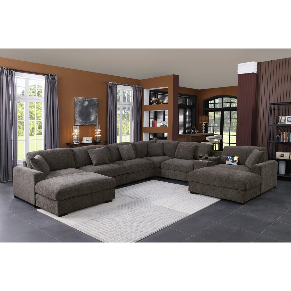 8-Person Chenille Sectional with Console and 2 Ottomans | Wayfair North America