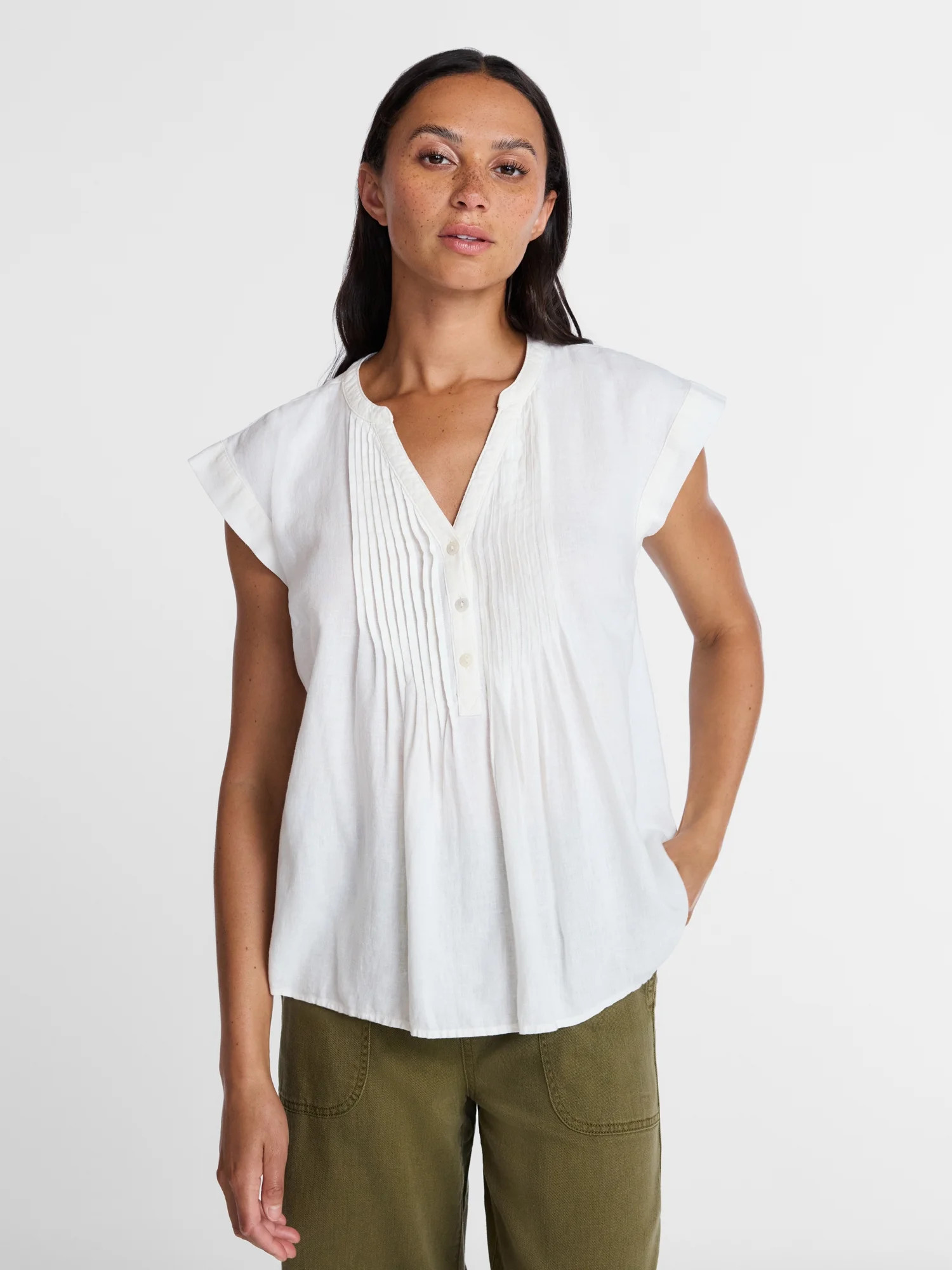 Time and Tru Women's Linen Pintuck Top, Sizes XS-XXXL | Walmart (US)