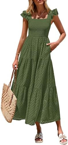 PRETTYGARDEN Womens Summer Square Neck Maxi Dresses Cap Sleeve Eyelet Smocked Tiered A Line Flowy... | Amazon (US)