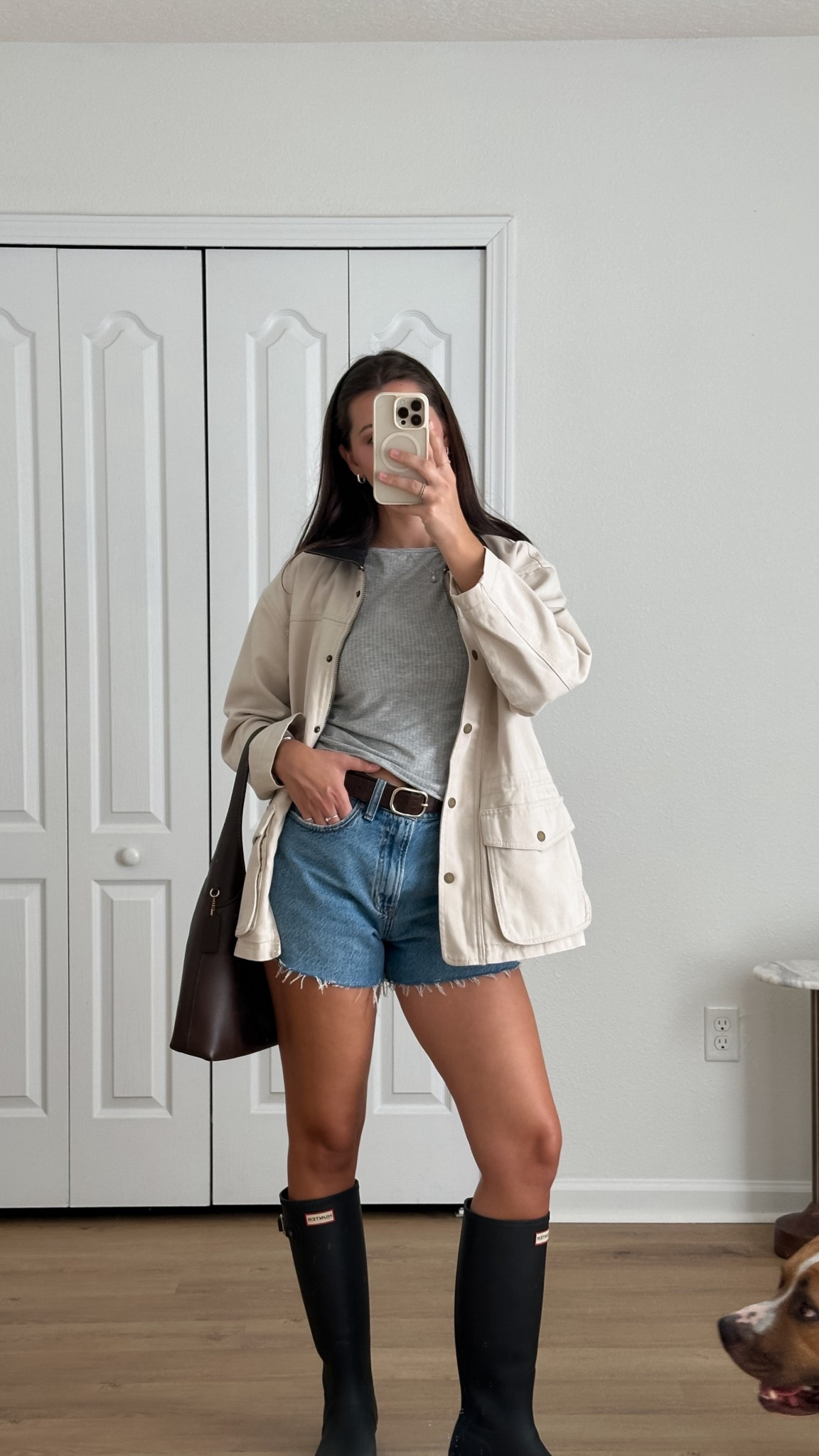 Casual fall ootd for an afternoon at the barn! Wearing 25 shorts (I cut them shorter), xs/s tee, xs barn jacket, boots tts, and belt is old 

#LTKSeasonal #LTKSaleAlert #LTKFallSale