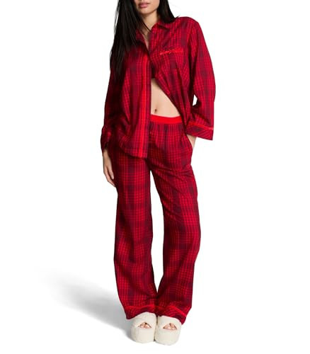 Victoria's Secret PINK Flannel Pajama Set, Long Sleeve Button Down Shirt & Pants, Sleepwear for Women, Bright Vermillion Plaid (XXL) | Amazon (US)