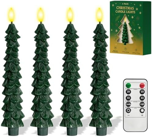 4 Pcs Christmas Tree-Shaped Flameless Taper Candles with Remote and Timer, 9.8'' Real Wax LED Win... | Amazon (US)