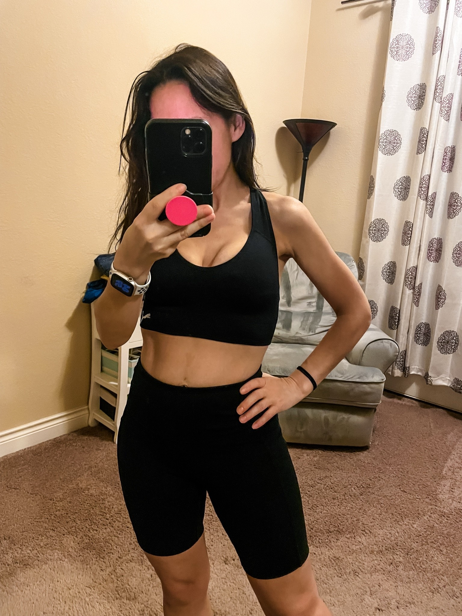 Workout style. 
Black Sports bra. I really like the fit, and that it’s adjustable. It runs true to size. 
Black biker shorts. They run true to size. 
Workout outfit. 
Workout at home but making it cute.

#LTKOver40 #LTKActive #LTKfitnessgoals