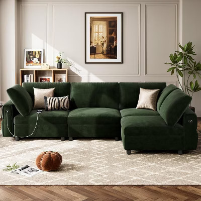 105" Modular Velvet Sectional Sofa, 4-Seat L-Shaped Couch with USB & Type-C Charging, Deep Seat, Plush Pillows, for Living Room or Apartments, Green | Target