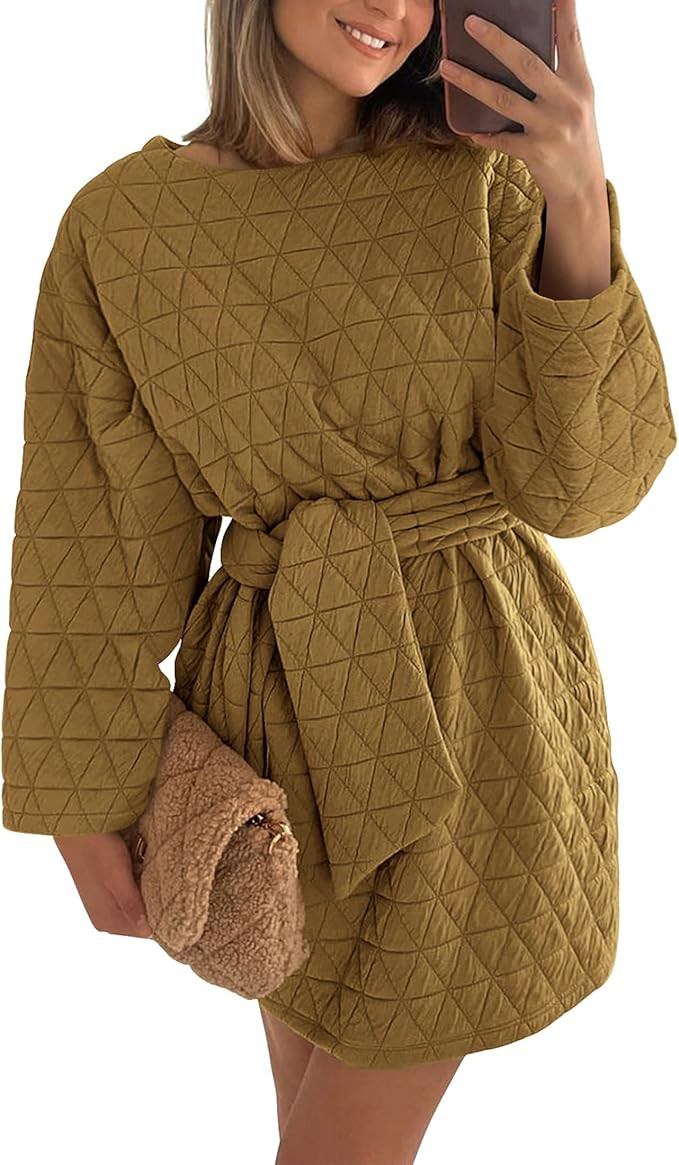 PRETTYGARDEN Women's Long Sleeve Dresses 2024 Fall Casual Short Belted Dress Trendy Quilted Outfi... | Amazon (US)