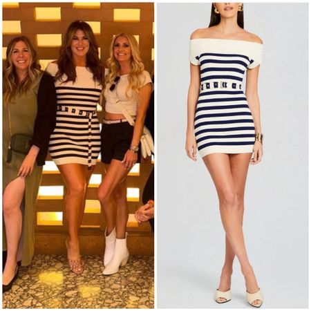 Emily Simspon’s Blue and White Striped Off the Shoulder Mini Dress 📸 = @rhoc_emilysimpson
