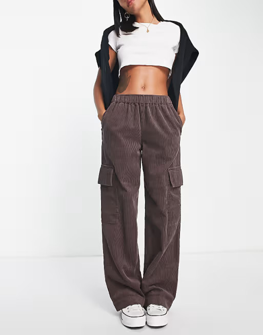 ASOS DESIGN pull on cord wide leg pants with patch pockets in brown | ASOS (Global)