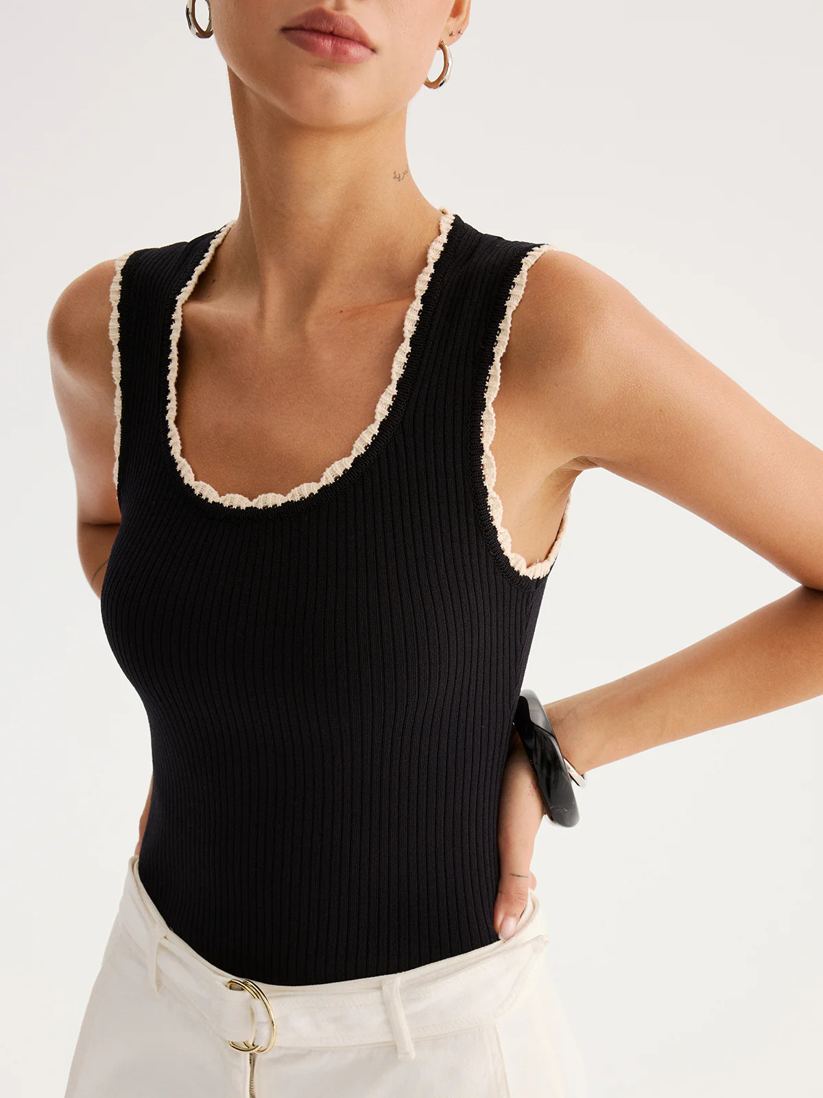Ribbed Scallop Trim Knit Tank Top | Commense
