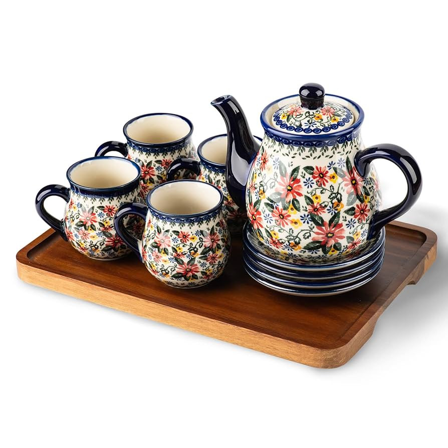 polish pottery style porcelain ceramic 10 piece Tea set,7.2oz tea cup and sauce set of 4,28.2oz t... | Amazon (US)