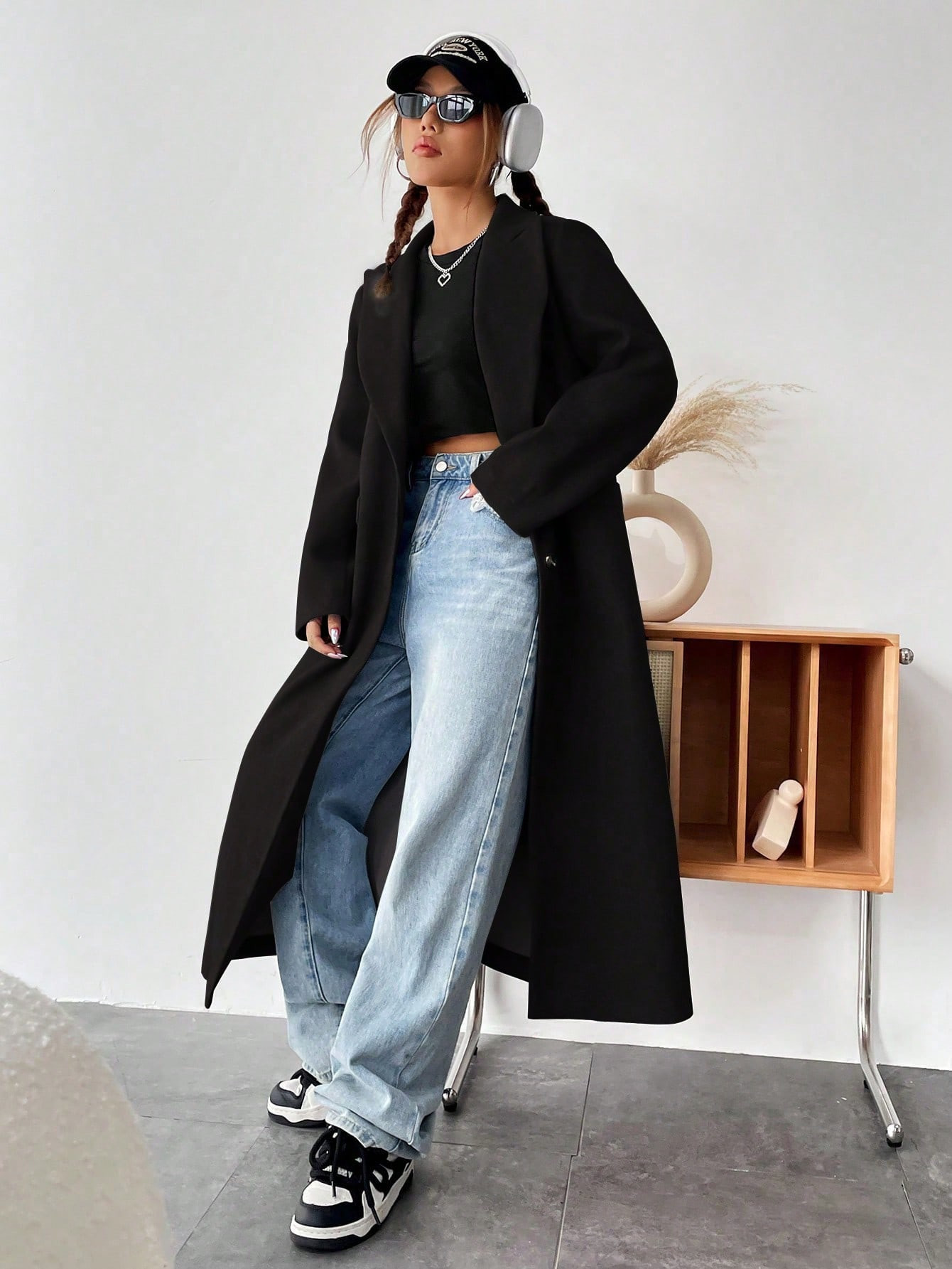 Lapel Neck Double Breasted Belted Longline Overcoat | SHEIN