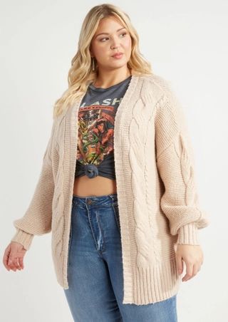 Plus Light Gray Open Front Cable Knit Cardigan | rue21