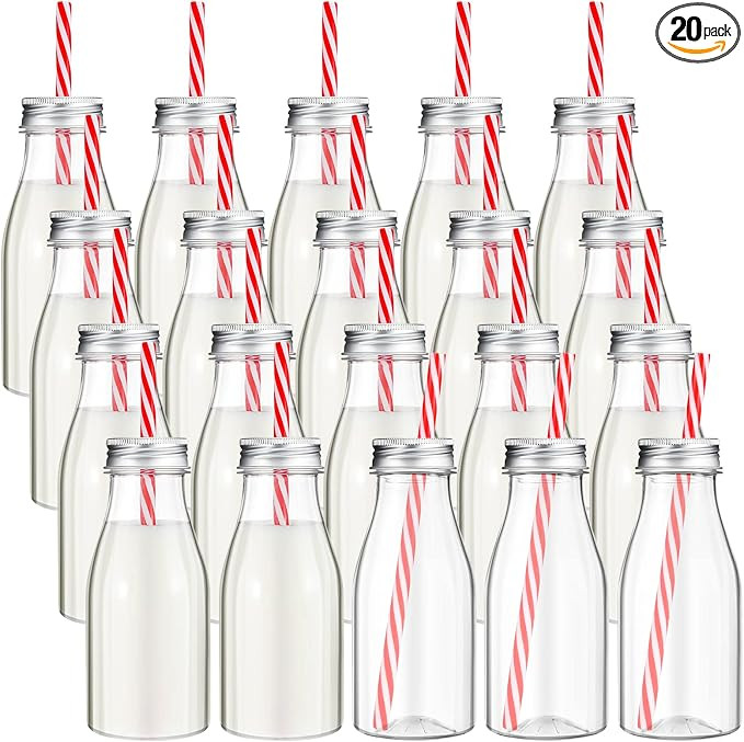 Yinkin 20 Sets Plastic Milk Bottles with Straws Lids Clear Plastic Containers for Dairy Milk Part... | Amazon (US)