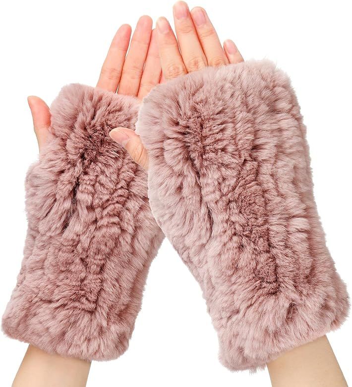 Fingerless Fur Gloves Smooth Faux Rabbit Furry Gloves Winter Warm Knitted Gloves for Women Girls | Amazon (US)