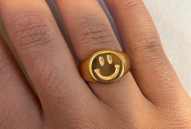 18K Gold Smiley Face Ring Happy Face Ring Stainless STEEL | Etsy | Etsy (US)