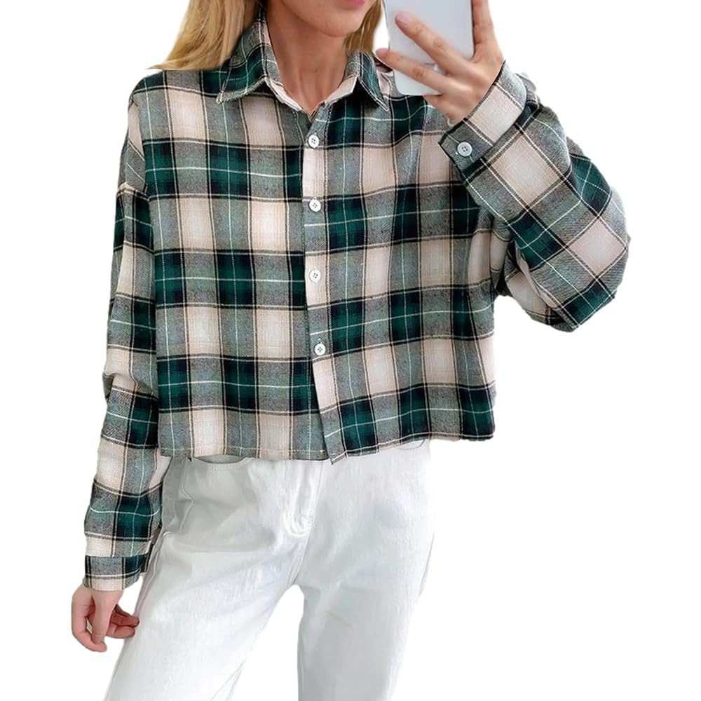 HangNiFang Women's Cute Cropped Flannel Plaid Shirts Long Sleeve Button Down Tops | Amazon (US)