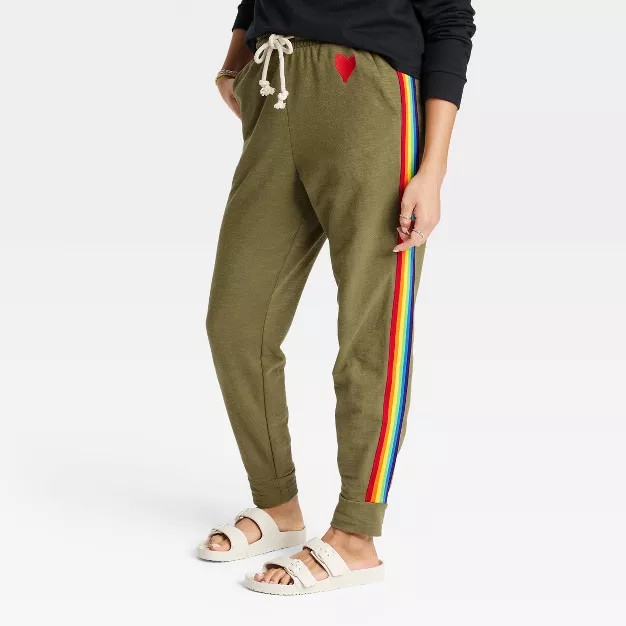Pride Adult Mid-Rise Jogger Pants - Olive Green Rainbow Striped | Target