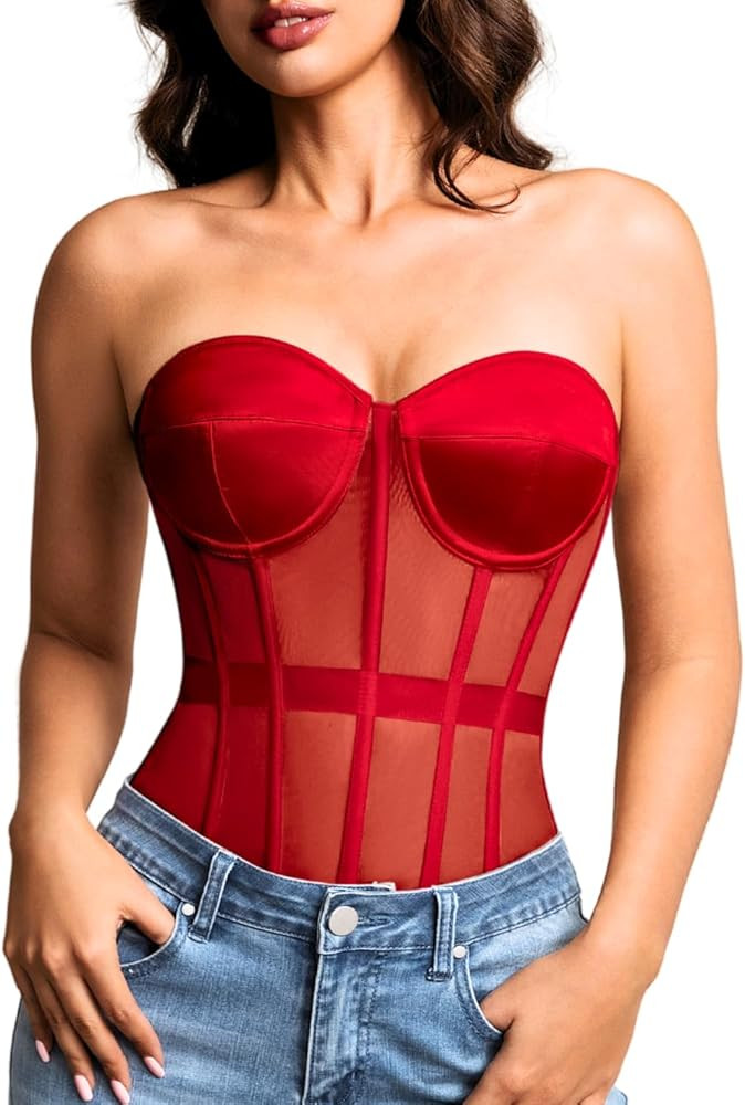 Kaei&Shi Sheer Mesh Overbust Corset,Sexy Strapless Lace Up Satin Bra Corsets Top For Women Shapew... | Amazon (US)