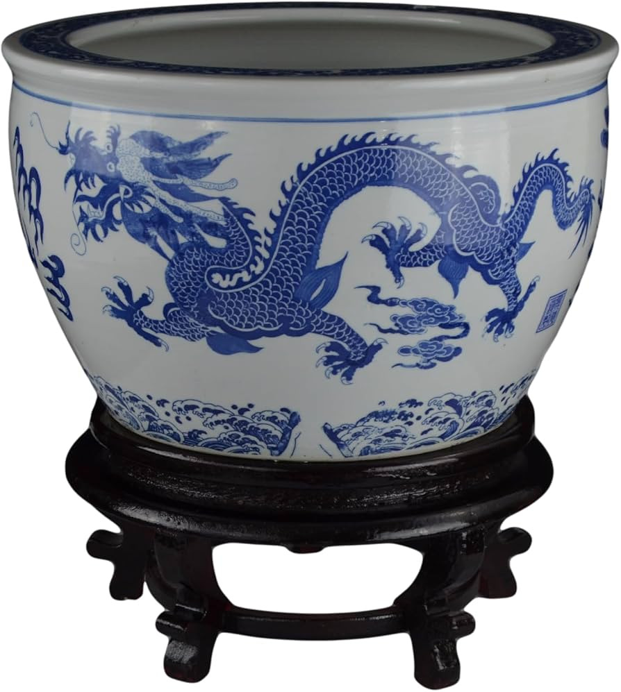 16" Porcelain Blue and White Fishbowl. Fish Bowl Two Dragons Playing with Super Pearl Chinese | Amazon (US)
