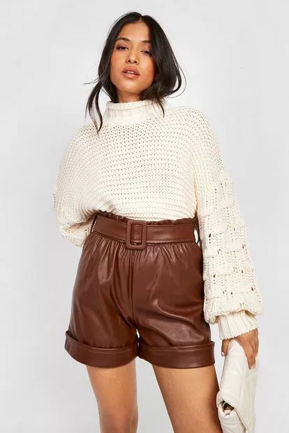 Petite Ruched Waist Belted Pu Short | Boohoo.com (US & CA)