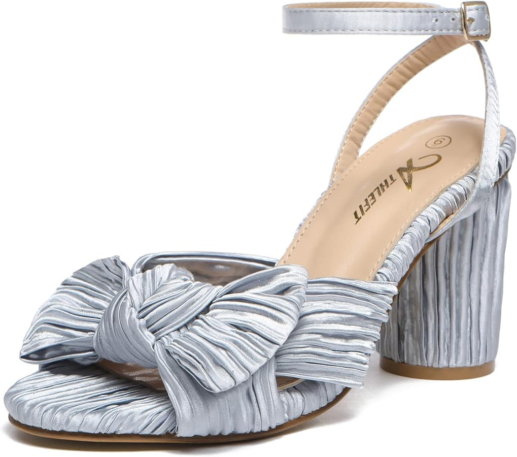 Athlefit Women's Open Toe Chunky Heels Pleated Bow Ankle Strap Heeled Sandals Wedding Bridal Shoe... | Amazon (US)