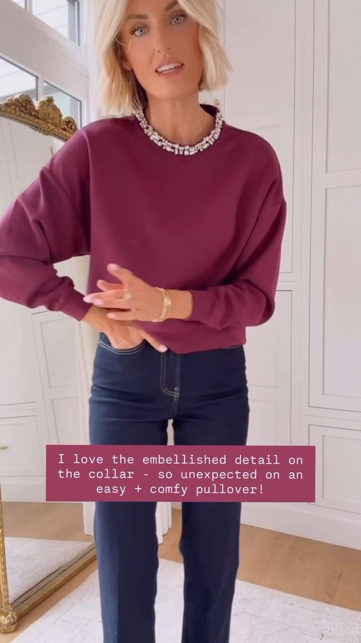 #WalmartPartner #WalmartStyle @WalmartStyle Love the unexpected embellished neckline on this pullover! Such a fun way to elevate a comfy, everyday sweatshirt. Perfect paired with denim! Wearing xs top and 2 jeans

Loverly Grey, Walmart fashion, Walmart finds, embellished sweatshirt, rhinestone neckline, burgundy pullover, casual chic outfit, affordable fall fashion, fall outfit ideas 

 #LTKootd #LTKSeasonal