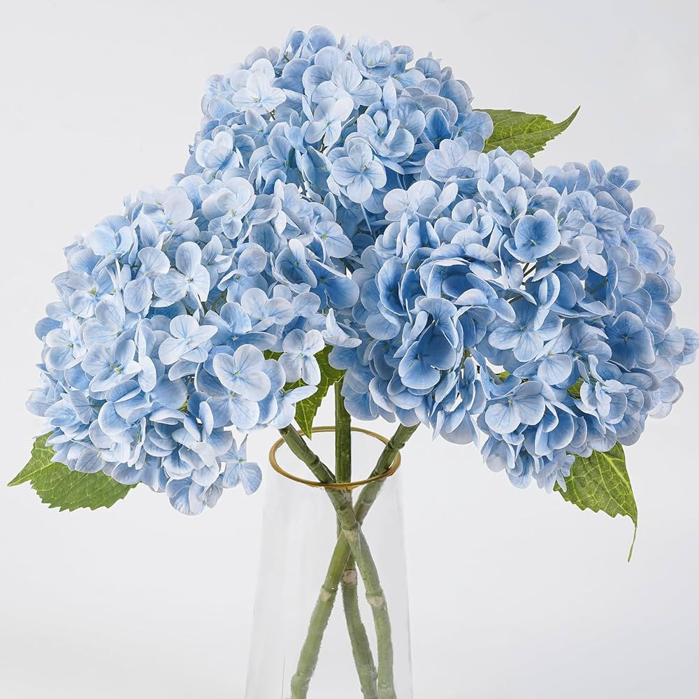BonBloom's 3 Pcs Blue Faux Hydrangea Flowers 21 inches Hydrangea Artificial Flowers Latex Real To... | Amazon (US)