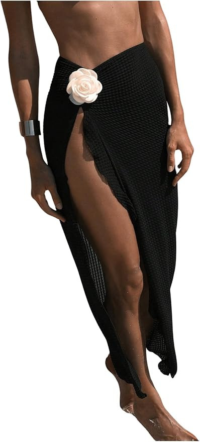Women's Beach Cover Up Skirt 3D Flower Crochet Out High Split Swimsuit Bathing Suit Beach Skirt | Amazon (US)