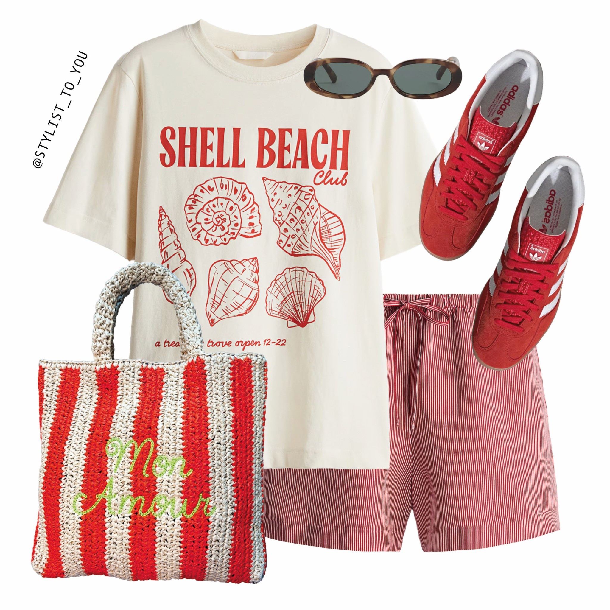 Shell beach ❤️

Laid-back summer vibes with this coastal-inspired flatlay virtual style board outfit featuring a cream “Shell Beach Club” graphic tee, red pinstriped shorts, bold red Adidas sneakers, a red and white striped crochet tote, and retro oval sunglasses—perfect for a casual day at the beach or strolling seaside or city break markets. summer outfit, beach look, city break style, shell beach club, graphic tee, red sneakers, adidas shoes, casual chic, vacation outfit, summer vibes, striped shorts, crochet bag, mon amour tote, casual summer look, laid-back outfit, seaside style, beachwear, women’s summer fashion, comfy chic, cute vacation look, French girl style, red and white outfit, vintage sunglasses, trendy summer outfit, summer essentials, weekend wear, soft neutrals, bold red, beach day outfit, aesthetic summer fit, beach fashion inspo, casual summer style, street style summer, resort wear, summer accessories, beach bag style, coastal outfit idea, retro fashion, summer walk outfit, summer style inspo, shell print tee.m, red fashion.

#LTKeurope #LTKuk #LTKsummer