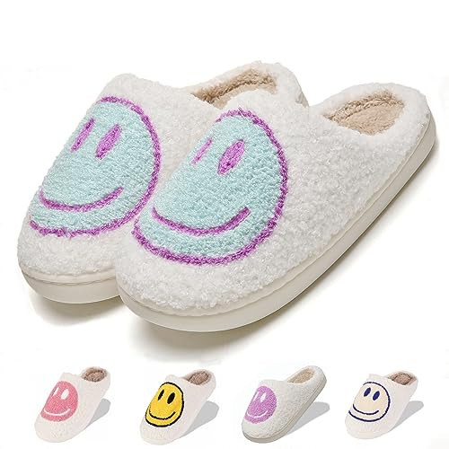 LINWIND Retro Preppy Happy Face Fuzzy Cozy Furry Soft Plush Slip-on Slippers (44/45) | Amazon (US)