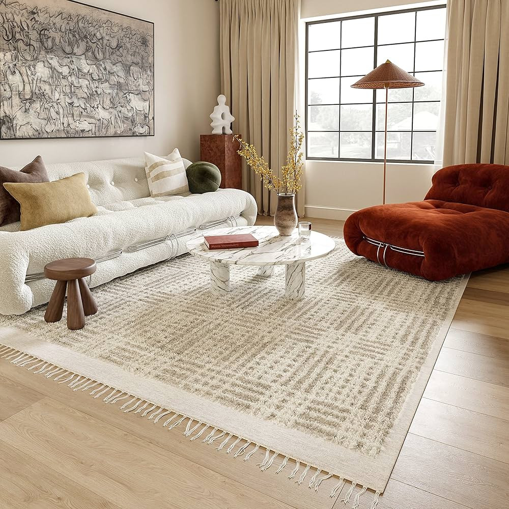 Rugs USA x Arvin Olano Crissy Crosshatch Shag Wool Area Rug, Beige, 8' x 10' | Amazon (US)