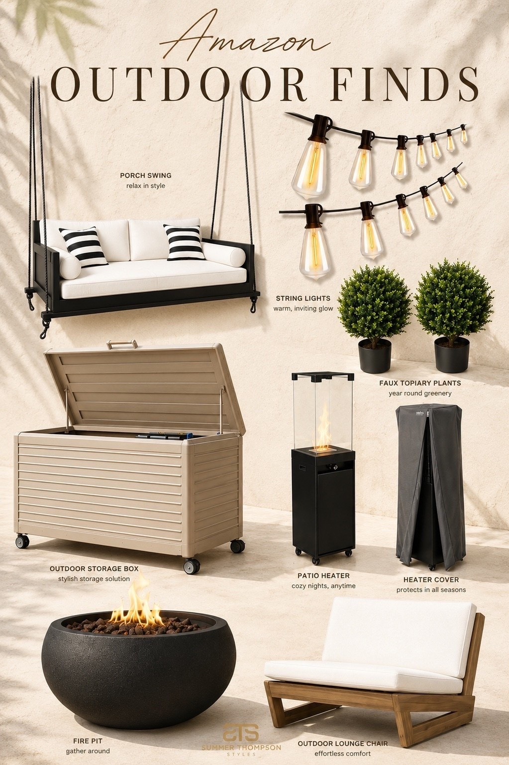 Currently loving these Amazon outdoor finds for the dreamiest sunlit patio setup 🌿✨ think cozy fire pit nights, warm string lights, and neutral luxury vibes all summer long 🤍 
#amazonhome #patiodecor #outdoorinspo #summerstyle

Summerthompsonstyles

#LTKHome #LTKSaleAlert #LTKSeasonal
