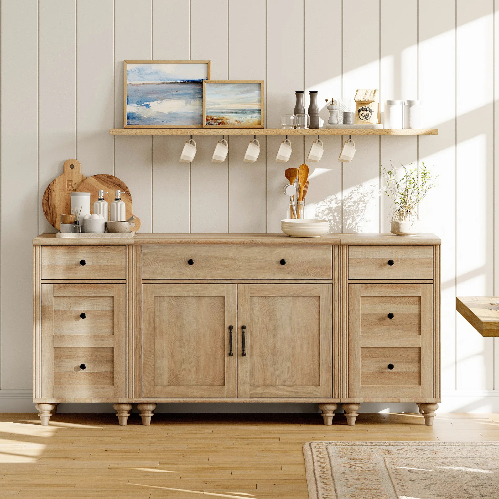 Sideboard Buffet Cabinets With 4 Wood Doors And 3 Drawers, Farmhouse Sideboard Credenza With Char... | Wayfair North America