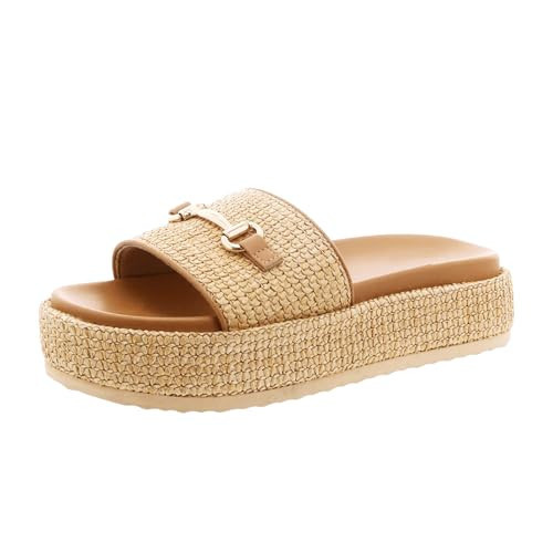 Natural Raffia Platform Sandals for Women Raffia Espadrilles Comfortable Open Toe Slip On Summer Beach Slides Sandals | Amazon (US)