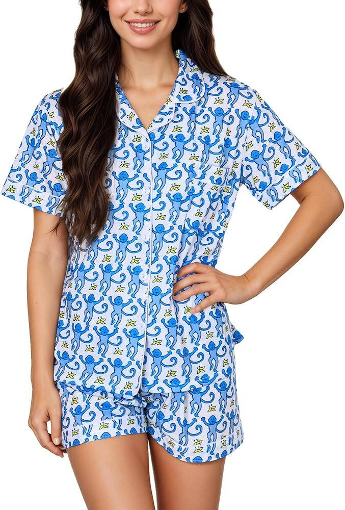 Women's Pajamas Set Button Down Ladies Summer Pajamas Monkey Printed Sleepwear Short Sleeve 2 Pc ... | Amazon (US)