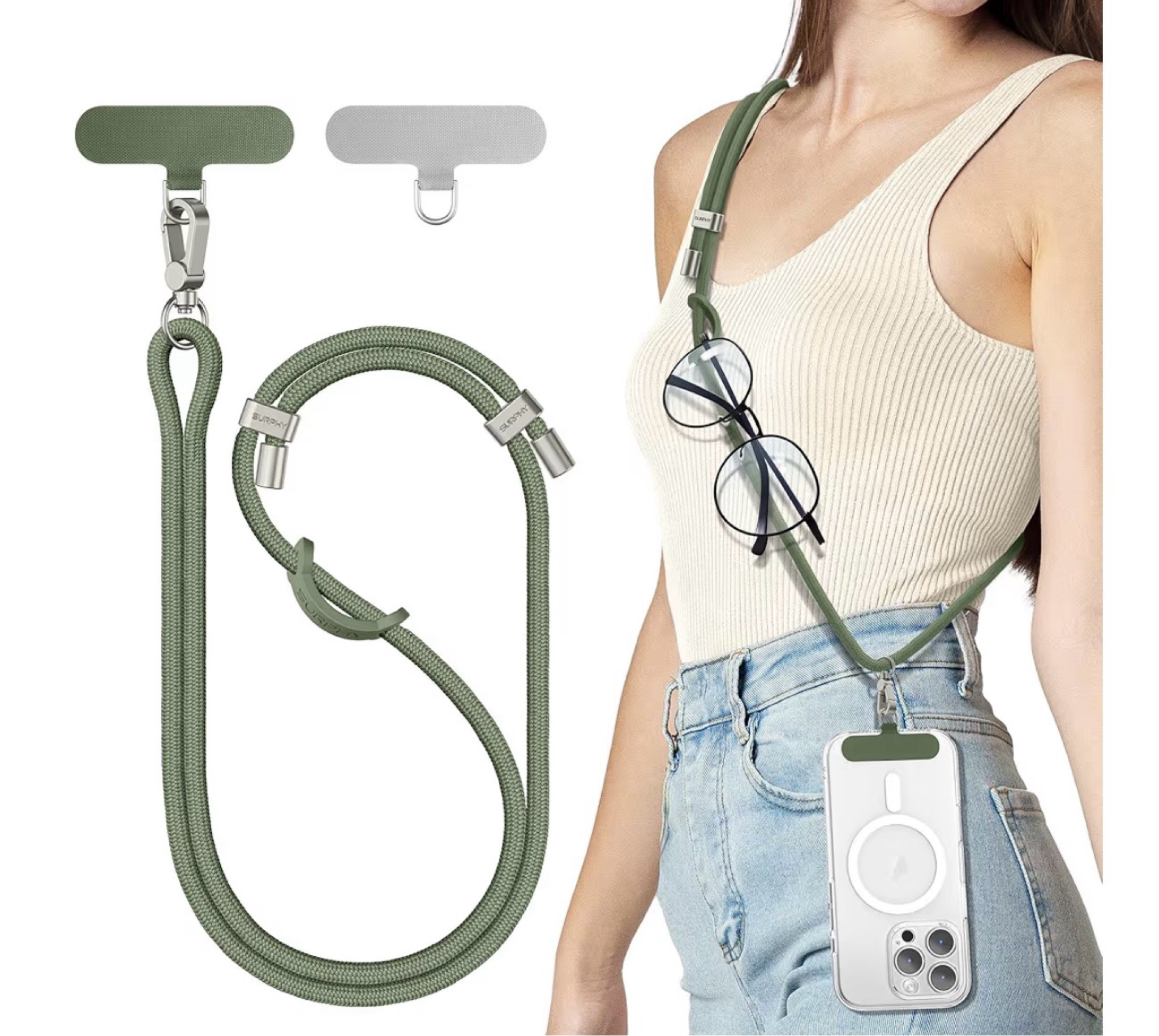 SURPHY Phone Lanyard, Adjustable Phone Strap Crossbody with 2 Pack Cell Phone Tether Tab, Premium Metal Buckles, Skin-Friendly, Universal Cell Phone Lanyard Crossbody for Women and Men, Army Green