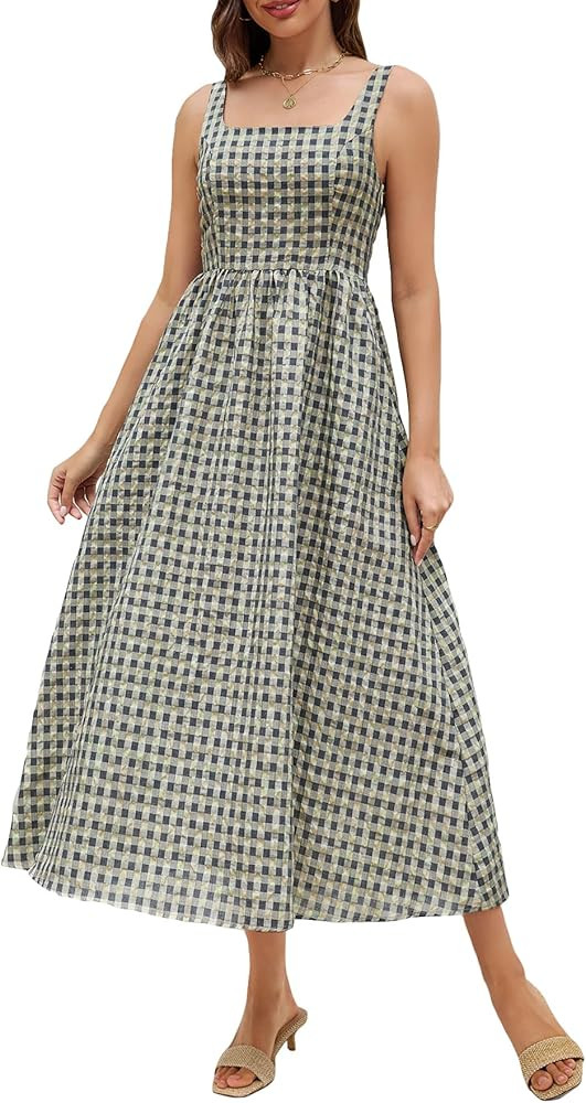 Ladyful Womens Summer Gingham Maxi Dress Spaghetti Strap A-line Checkered Long Dress Square Neck ... | Amazon (US)
