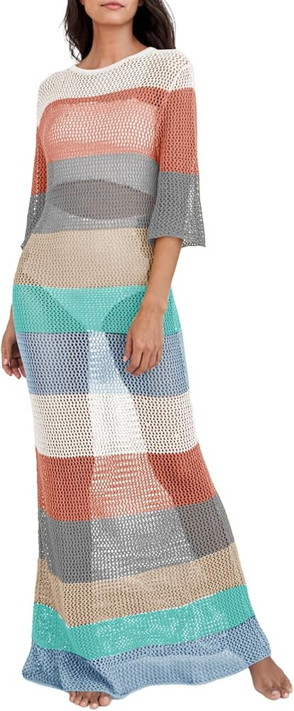 Women's Crochet Cover Ups for Bikini Swimsuit Half Sleeve Bathing Suit Rainbow Swimwear Long Beac... | Amazon (US)