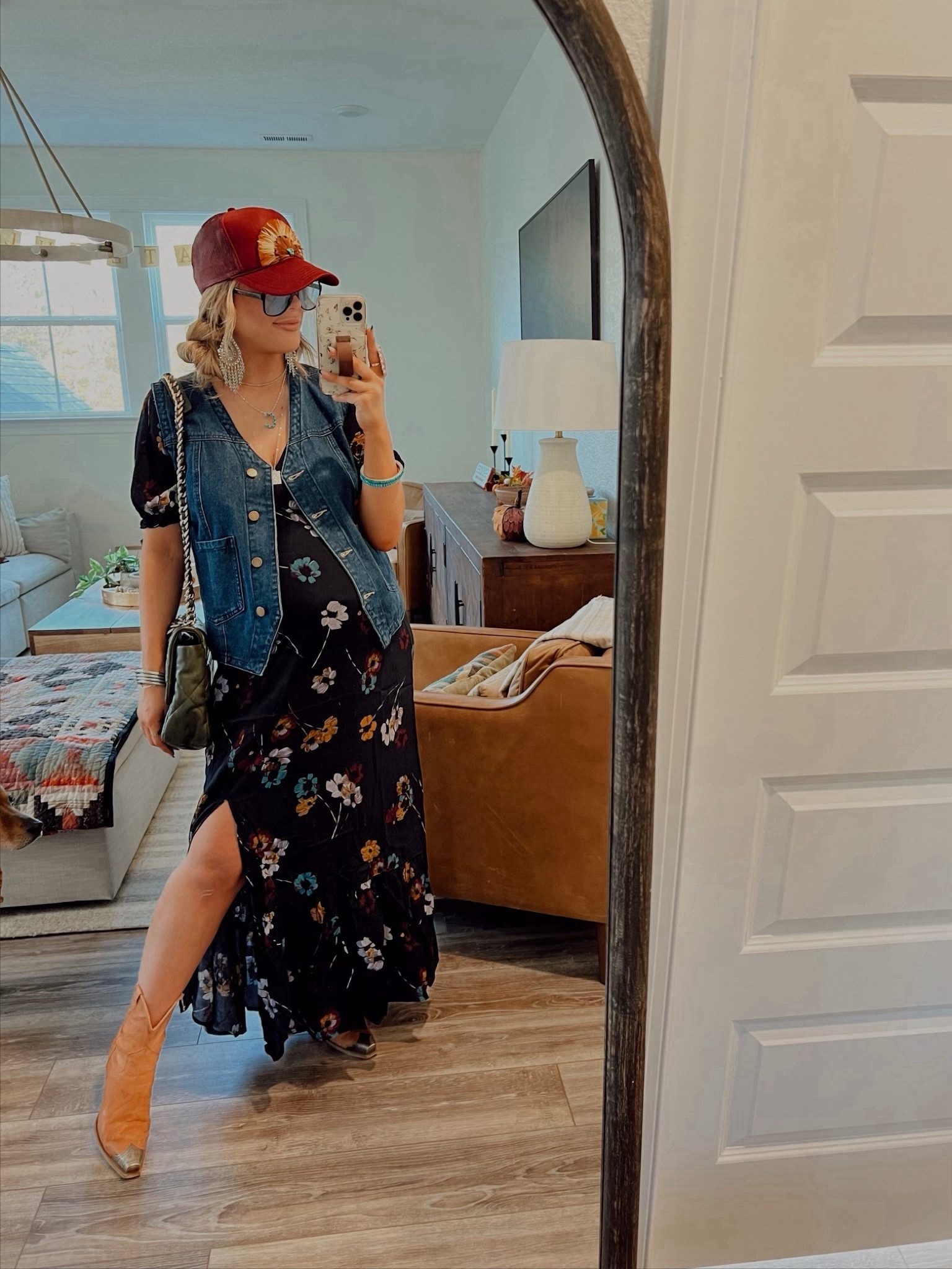 Outfit Details
Dress - western gold
Vest & Sunnies -Amazon
Shoes - Free People
Hat - little bird trucking
Purse- Chanel 
Earrings & Initial Necklace-Goldie Lew 
Long Necklace- Victoria Emerson 
