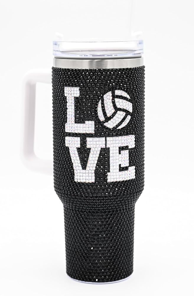 40 Oz Rhinestone Bling Tumbler with Handle and Straw (BLACK VOLLEYBALL), Stainless Steel and Doub... | Amazon (US)