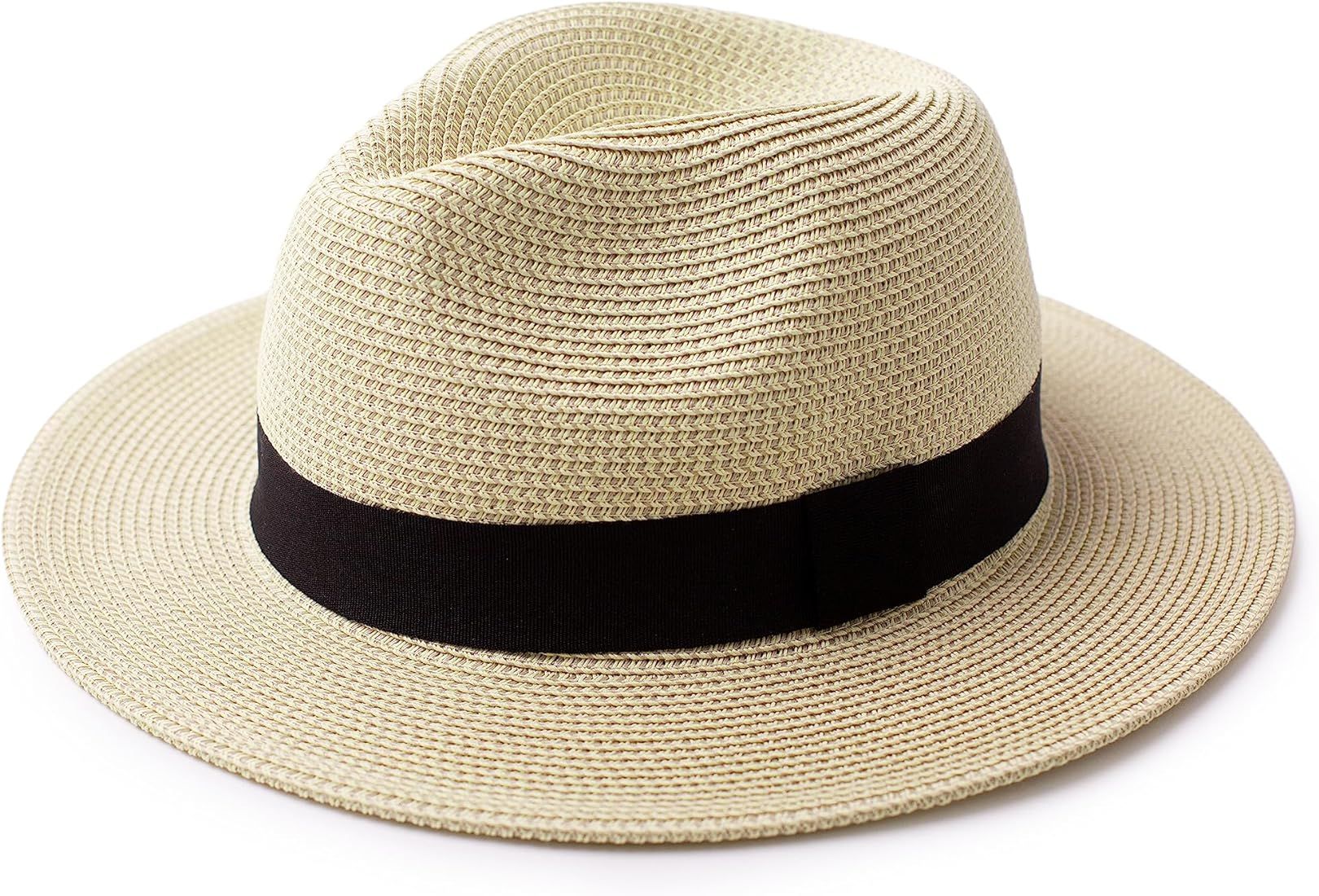 Womens Straw Fedora Beach Sun Hat, Packable Wide Brim Panama Hat for Women UV UPF50+ Summer Hat-A... | Amazon (US)
